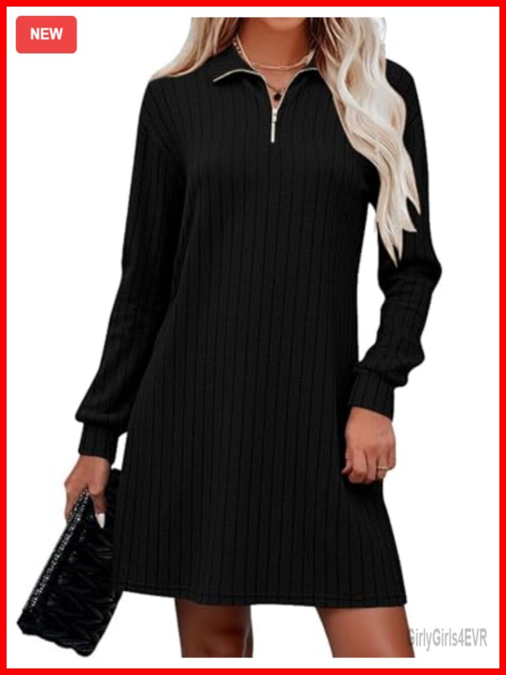 Women's Long Sleeve Ribbed Knit Mini Dress Collared V Neck Sweater Dress